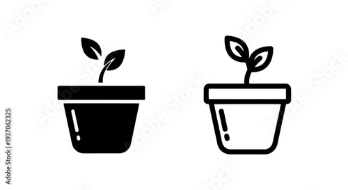 Seedling Icon: Solid and Outline, Young Plant in Pot Symbol