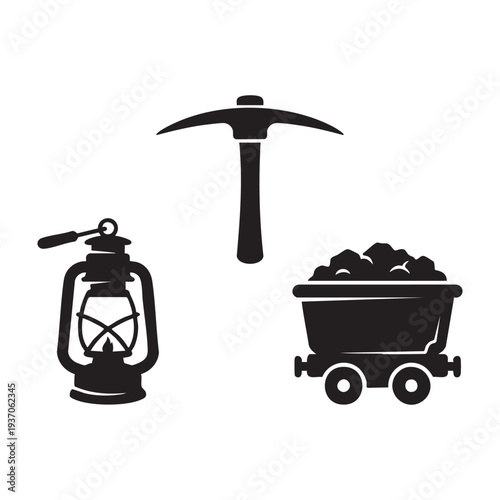 Antique Mining Pickaxe Miner Lantern and Ore Cart Silhouette Set