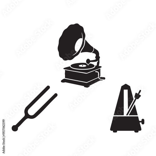 Antique Audio Gramophone Horn Tuning Fork and Metronome Silhouette Set