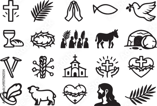 A collection of black and white line art icons depicting Christian and Easter religious symbols like crosses, palm branches, praying hands, a dove, a church, and an empty tomb.