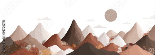 Minimalist landscape of layered brown & white mountains, sun, clouds