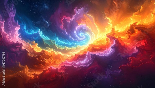 A vibrant cosmic swirl of nebulous clouds in a rainbow of colors against a dark, starry backdrop
