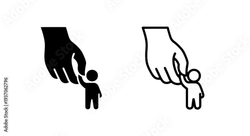 Hand holding child icon, family care and protection symbol, vector graphic