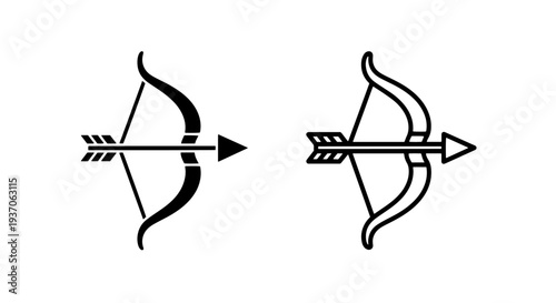 Bow and Arrow Icon Set: Solid Black and Outline for Archery