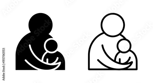 Parent Holding Child Icons: Solid Black and Outline for Care