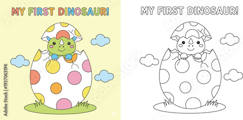 Cute cartoon baby dinosaur hatching from egg coloring page for kids. Vector illustration with colorful example and black and white line art outline for activity book. My first dino.