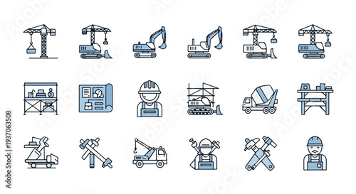 Fifteen blue-accented line art icons illustrating construction and building elements like heavy machinery, tools, blueprints, and workers on a white background.