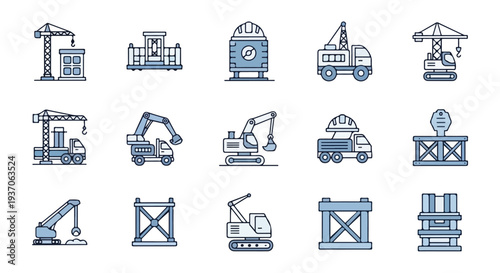 A collection of flat-style vector icons featuring various construction machinery, heavy equipment, and industrial structures.