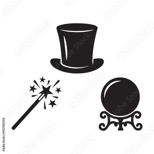 Classic Magic Illusionist Top Hat Wand and Crystal Ball Silhouette Set