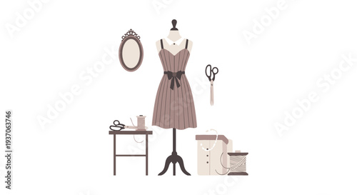 A dress on a mannequin with sewing tools and notions on a white background.