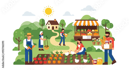 Local Organic Farm and Farmers Market Stand Illustration. Rural scene of family working, harvesting fresh produce, and selling sustainable food.