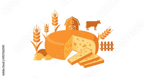 Farm Dairy and Cheese Production Icon. Big Cheese Wheel, Cow, Barn, and Wheat Ears Flat Vector Illustration on White.