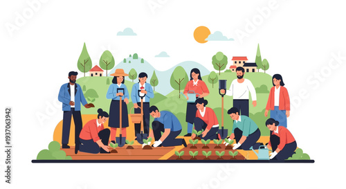 Team Planting and Community Farming Illustration. Diverse Volunteers Working in the Garden for Sustainable Agriculture.