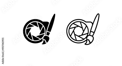 Camera Lens Aperture and Paint Brush Icon for Photography Art