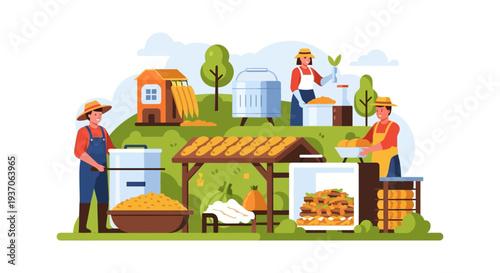 Organic Crop Processing and Harvesting Workflow Illustration. Farmers Working at Agricultural Production Site with Grain and Equipment.