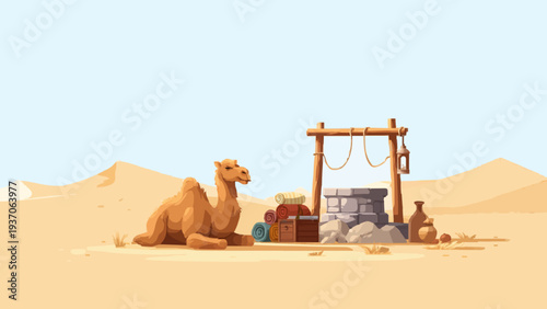 Desert Camel Sitting Near Water Well with Travel Supplies in Vast Sand Dunes Vector Illustration 1