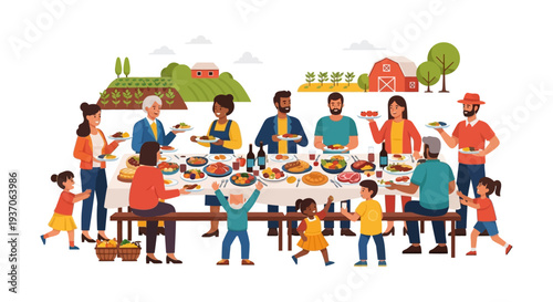 Diverse Multi-Generational Family Dinner and Farm Feast Celebration. Community Gathering Sharing Food and Happiness Vector Illustration.