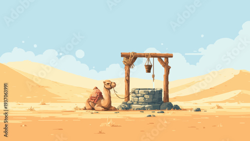 Desert Camel Sitting Near Traditional Water Well in Vast Sand Dunes Vector Illustration 3