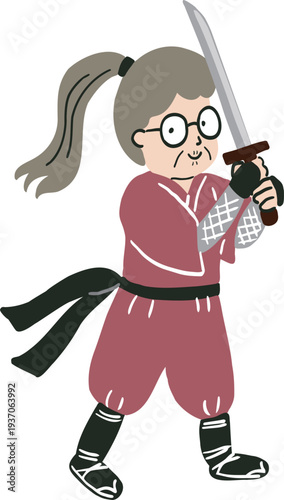 剣をもって構えるポニーテールの忍者