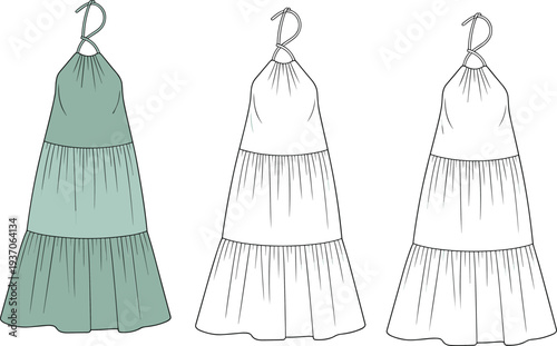 Three Tiered Halter Dresses with Different Color Variations and green white