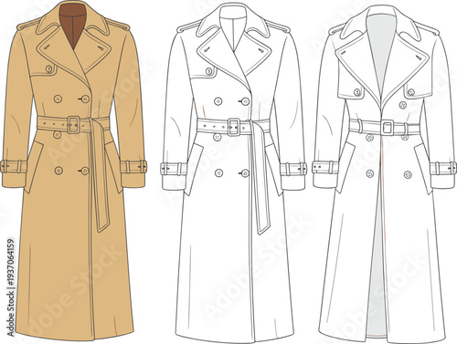 Three Long Beige Coats with Belted Waist and Button Details in Different Views