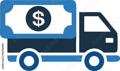 A blue truck carries a large dollar bill representing financial delivery and business growth