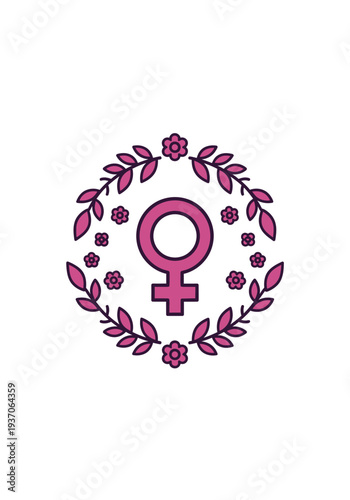 Empowering Women A Beautifully Illustrated Female Gender Symbol in a Floral Wreath Celebrating International Women's Day and Gender Equality