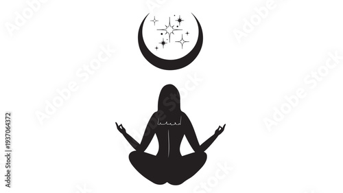 Person meditating in lotus pose under a crescent moon with twinkling stars, black silhouette. featuring meditation, yoga, cosmic with spiritual and