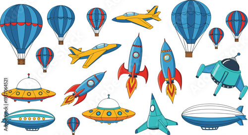 Flying Transportation and Space Vehicle Icon Set with Airplane Rocket UFO Hot Air Balloon Spaceship and Futuristic Aircraft Vector Illustration.