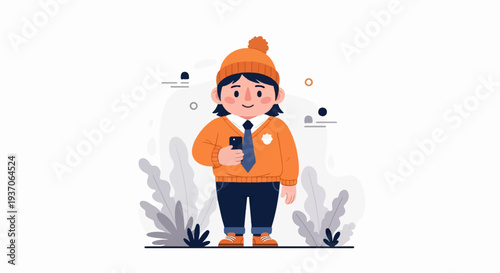 A cute cartoon character in an orange beanie and sweater holding a phone