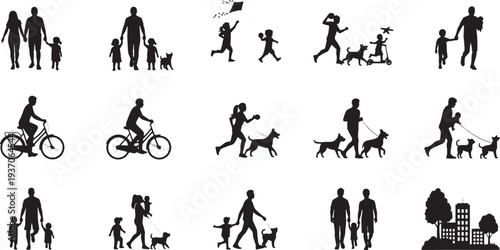 People engaging in various outdoor activities with dogs in a urban environment from multiple viewpoints