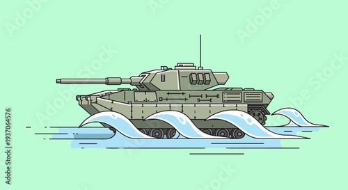 Military Tank Vehicle Illustration on Water.