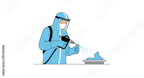 Person in full blue hazmat suit spraying foamy substance into a container