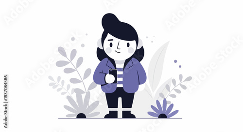 A cartoon figure with a phone in hand stands amidst stylized plants