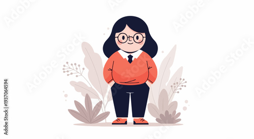 A stylized cartoon girl wearing glasses and an orange sweater stands with her hands in her pockets