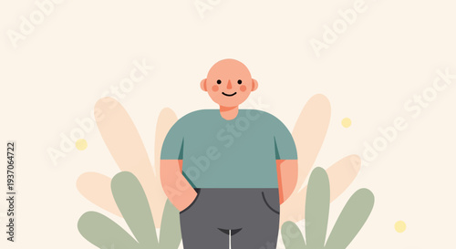 Cheerful bald person in teal shirt and grey pants stands among pastel shapes and dots
