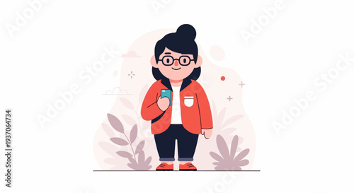 Cheerful person with dark hair, glasses, holding a smartphone