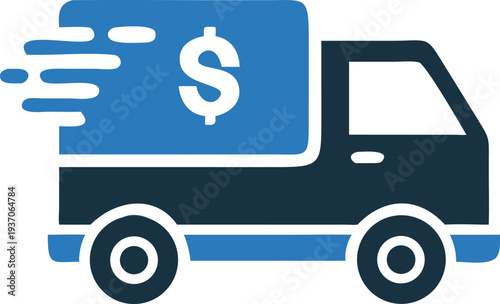 Blue delivery truck shows motion with dollar sign on cargo container