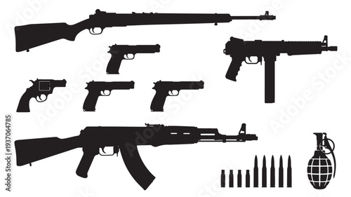 Firearms collection silhouetted with various pistols, rifles, submachine gun, bullets and a grenade featuring firearm, weapon, pistol with rifle and