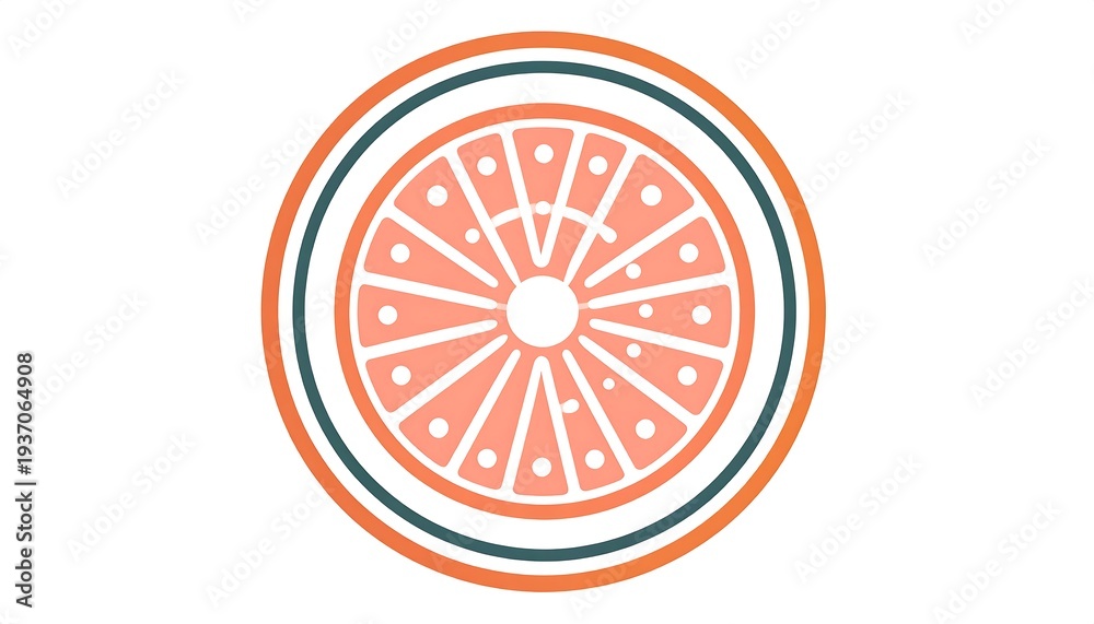 Obraz premium Simplified illustration of a citrus fruit slice, depicted within concentric circular borders, on a clean, bright white background