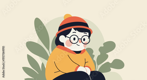 A whimsical illustration of a child wearing a hat and glasses, surrounded by stylized leaves