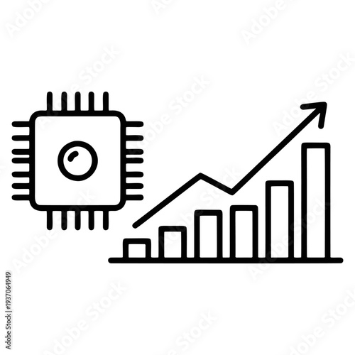 CPU performance growth icon with microchip and upward bar chart arrow line art vector illustrating computing power, data analytics, or technology growth isolated on transparent background