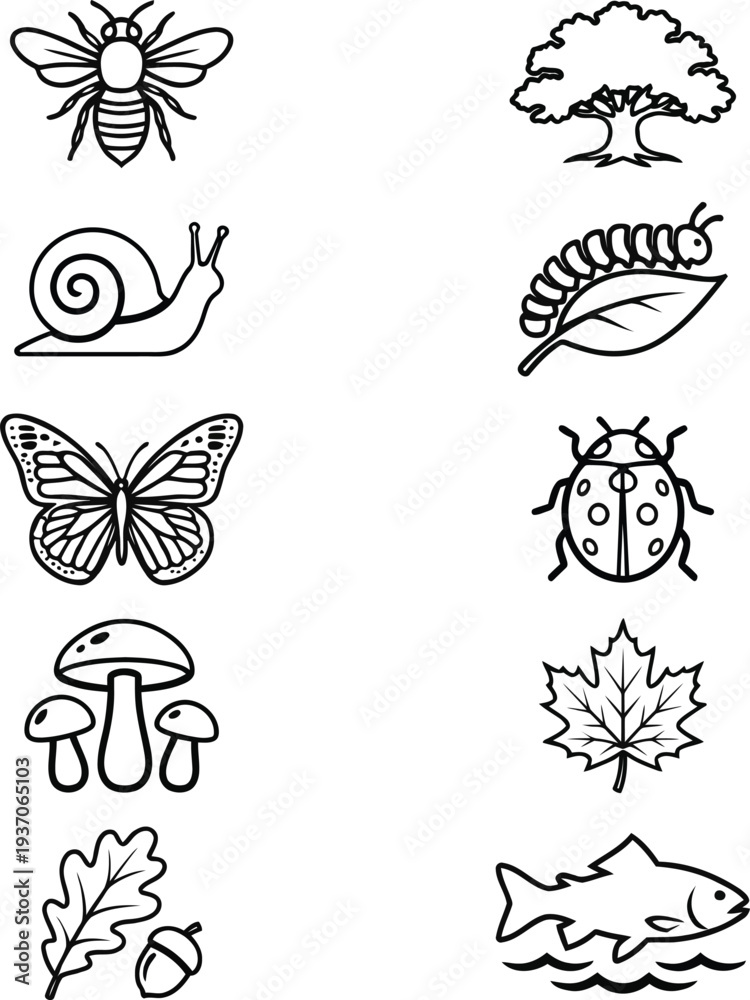 Obraz premium Nature and Biodiversity Line Art Icon Set - Minimalist Wildlife and Botany Vector