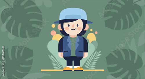 A cheerful person in a hat and vest stands amidst lush green foliage and colorful circles