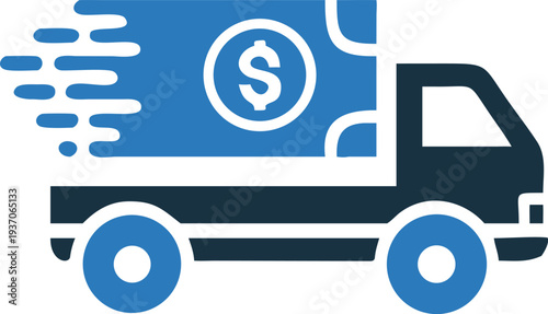 Blue and dark truck transports dollar money with speed and efficiency in modern concept