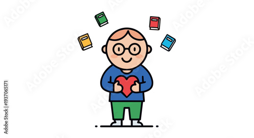 A happy student stands surrounded by books to illustrate enthusiasm for studying, curiosity for knowledge, and positive learning motivation