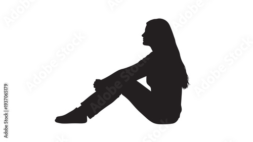 Silhouette woman sitting with knees drawn to chest, profile view, isolated on white background, long hair, casual pose, contemplative expression,