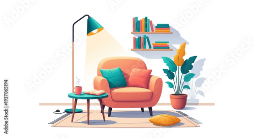 Cozy living room interior with furniture.