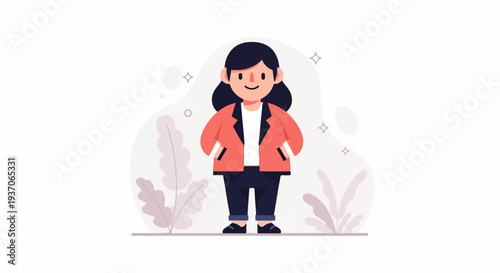 Minimalist illustration of a smiling person in business attire against a soft, abstract background with plants