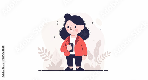Cute animated woman in a red jacket holding a smartphone, with abstract plant shapes in background